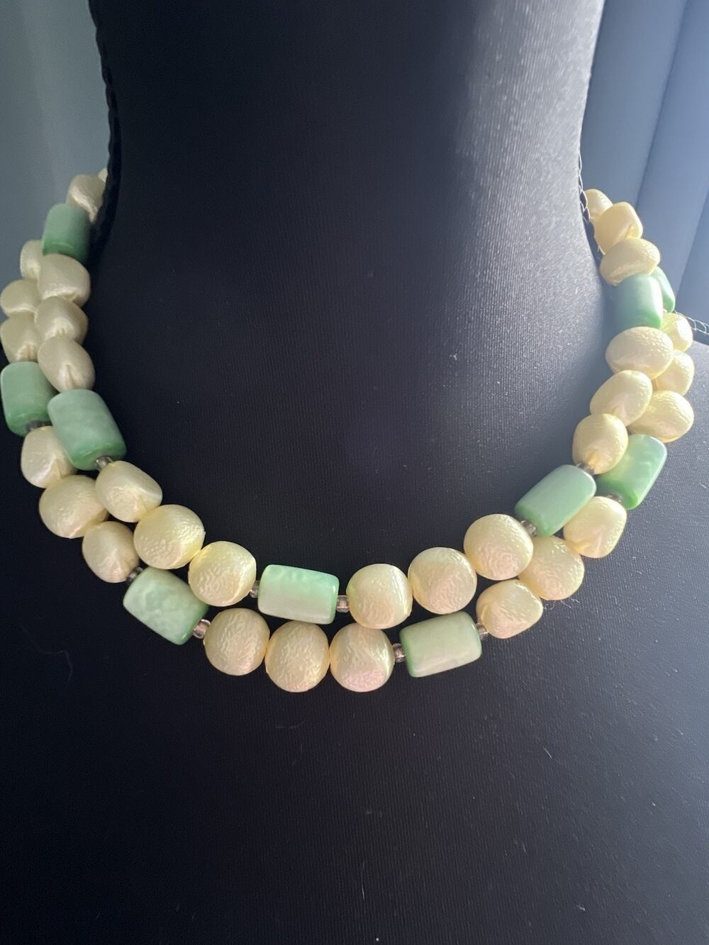 Vintage Richelieu 1960’s Yellow Green Lucite Double Strand Beaded Necklace